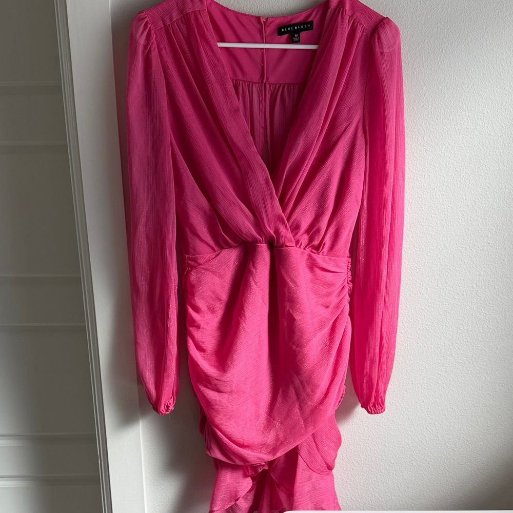 Blue Blush Hot Pink Long Sleeve Draped Front Dress